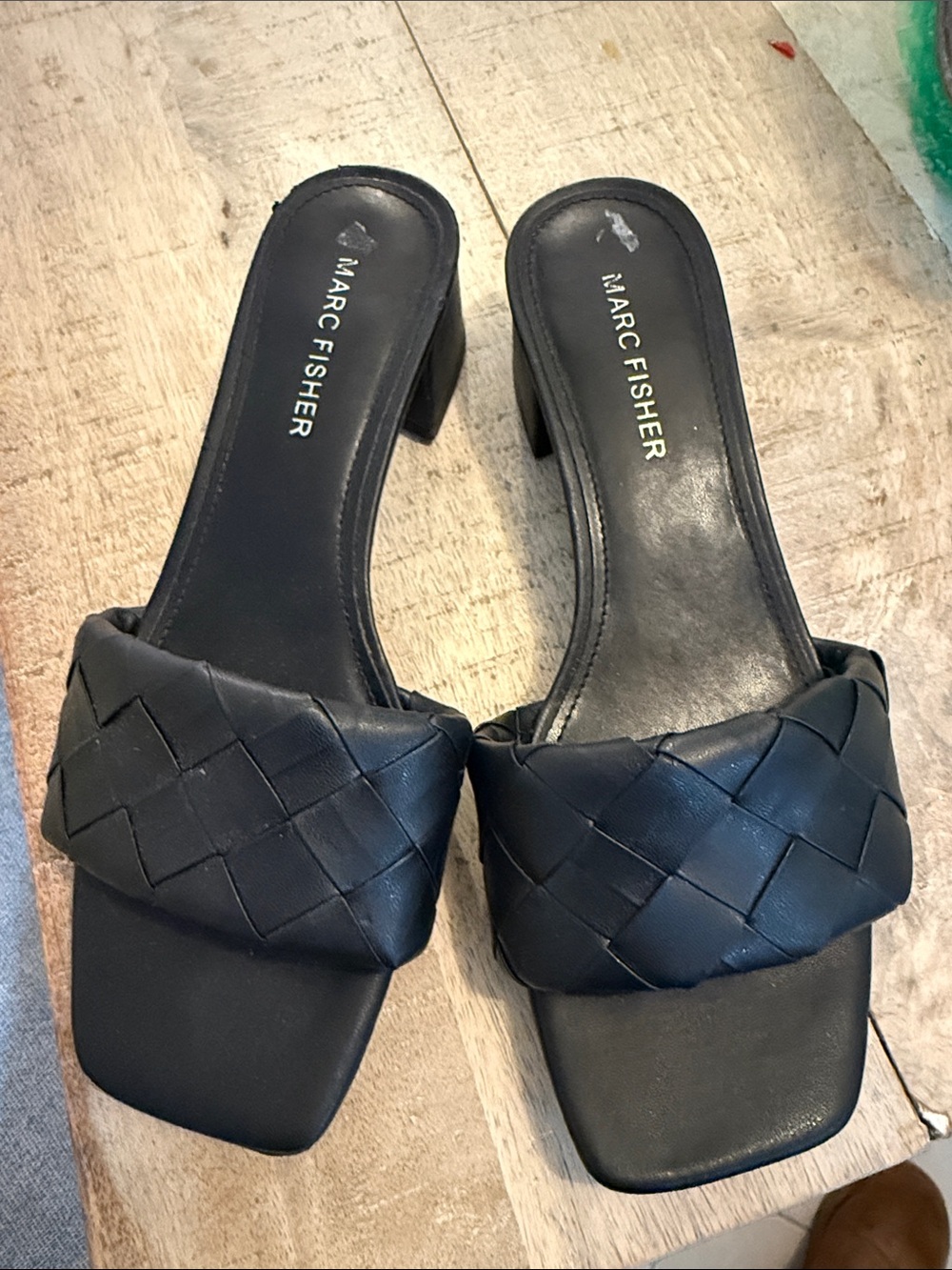 Marc Fisher Black Woven Leather Slide Mules